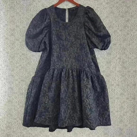 Enless Rose Textured Crinkle Short Balloon sleeve Black Tunic Dress L - Picture 3 of 11
